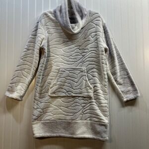 Anne Klein Sport Cowl Neck Fleece Tunic Sweatshirt Grey White Animal Print S EUC